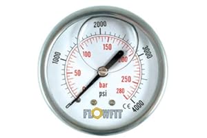 Flowfit Hydraulic Pressure Gauge, Glycerine Filled, 63mm Dial Size, 1/4" Rear Entry (0-6000 PSI (414 Bar))