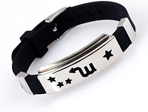 NovaLuna Retro Silver Zodiac Star Sign Black Silicone Bracelet with Belt Buckle – Star Sign Pendant Titanium Unisex Zodiac Horoscope Accessory Accessories Silber-skorpion