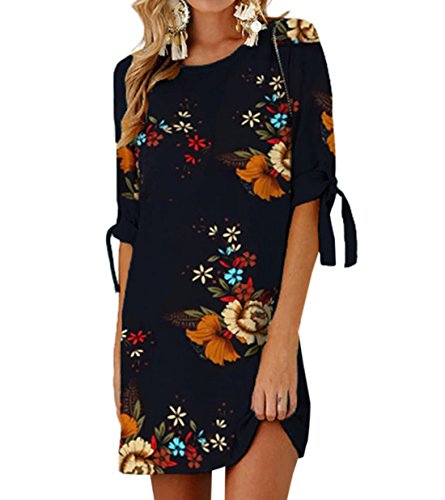 Vestido de Verano Mujer Impresión Mini Vestidos de Playa Elegante Corto Vestido de Fiesta Cuello Redondo Vestido con Mangas de Bowknot (0883 Azul Marino, L)