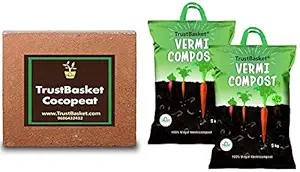 TrustBasket Cocopeat Block - Expands to 75 litres of Coco Peat Powder,Brown and Trust Basket Organic Vermicompost Fertilizer Manure for Plants - 10 Kg