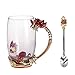 Produktbild Emaille-Glas Becher: Kristall-Glas Tasse mit Emaillöffel (370ml - Red Rose), Rutschfester Untersetzer & Tuch