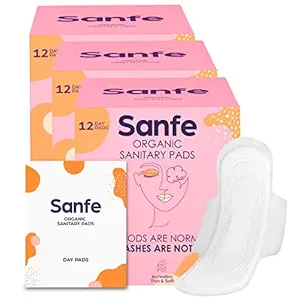 Sanfe Biodegradable Soft Bamboo Sanitary Pads, Antibacterial, Ultra-Thin and Rash Free Sanitary Napkins - Day Pads (12 Pads In 1 Box Pack of 3) | 100% Plastic Free Sanitary Pad