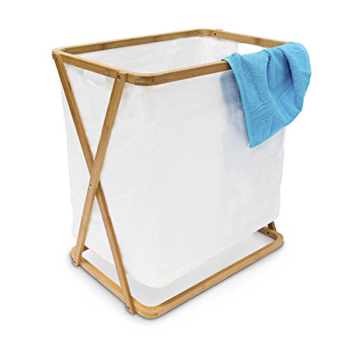 Relaxdays Wäschesammler LINEA Bambus H x B x T 55x52,5x35,5cm als rechteckige Wäschebox zur Aufbewahrung von Kleidung, Textilien als offener Wäschepuff mit Stoffbeutel natürlichen Design, natur