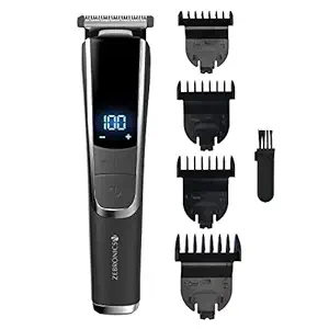 Zebronics ZEB-HT102 Cordless/Cord use Trimmer with up to 120mins backup, USB fast charge, LED display, 3 speed modes, Rounded tip stainless steel blade, 4 guide combs, Washable attachments and ABS(Black)