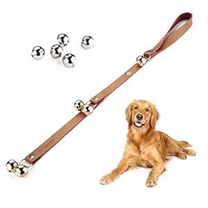 Brown Leather Strap Dog Doorbells, Golden and Silver Bells, Adjustable Length, Potty Training and Housebreaking, Communicate With Your Pet.