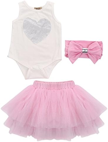 Baby Girls Heart Bodysuits Tutu Dress Headband 3pcs Newborn Birthday Outfits (6-12M, Pink)