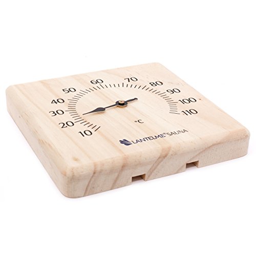 Sauna Holz Kiefer massiv Thermometer . Bimetall Saunathermometer Analog . - 2