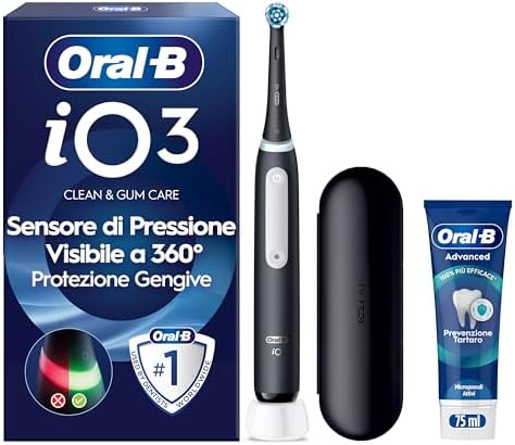 Oral-B iO 3 Spazzolino Elettrico, 1 Testina di Ricambio, Custodia, Nero - 1 Testine di Ricambio per Spazzolino Elettrico, Ricaricabile, Custodia da Viaggio + Dentifricio Advanced Prevenzione Tartaro