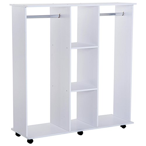 Homcom Armoire penderie Meuble de Rangement Mobile 6 roulettes 120L x 40l x 128H cm Panneau de Particules Blanc