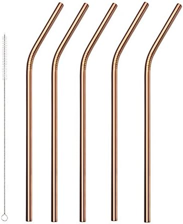 Stainless Steel Straws Reusable 5 Set, Washable Metal Drinking Straws with 1 Cleaning Brush for Smoothie, Milkshake, Cocktail,Hot Drinks,Juices and Most 20oz tumblers (Bent Straws, Rose Gold)