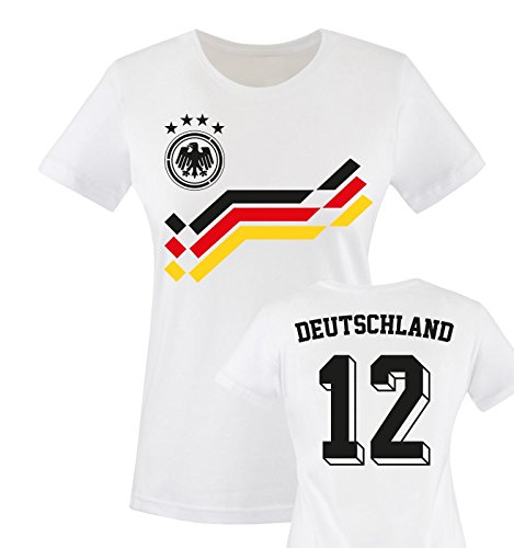 EM 2016 – RETRO-TRIKOT – DEUTSCHLAND – 12 – Damen T-Shirt – Weiss / Schwarz-Rot-Gelb Gr. L