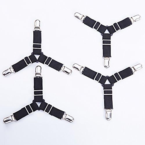 GLFY 4X 3-Way Adjustable Bed Sheet Holders Triangle Bed Sheet Clips Elastic Fasteners Grippers Braces Metal Clips Sheet Mattress Corner Straps Ideal For Ironing Board Covers (Black)