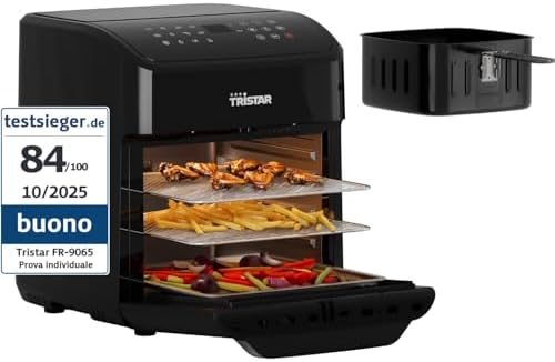 Tristar Friggitrice ad Aria 12 L con Funzione Mini Forno, Airfryer 2 in 1 Ventilato, 12 Programmi, Display Digitale, Finestra, Funzione Shake, Senza BPA, 1800 W, FR-9065
