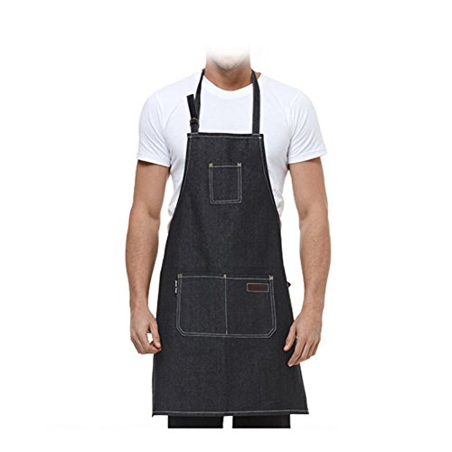 Delantal del dril de algod®n,ANGTUO Delantales sin mangas gruesos de la personalidad Delantal del cocinero del servicio del caf de los uniformes de la moda£¬Vaquero negro