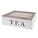 Produktbild ToCi Teebox Holz Weiß mit 9 Fächern | Quadratische Teekiste Teedose Teebeutel Box Aufbewahrung | 24 x 24 x 8 cm (LxBxH) | "Tea Box" im Vintage Look