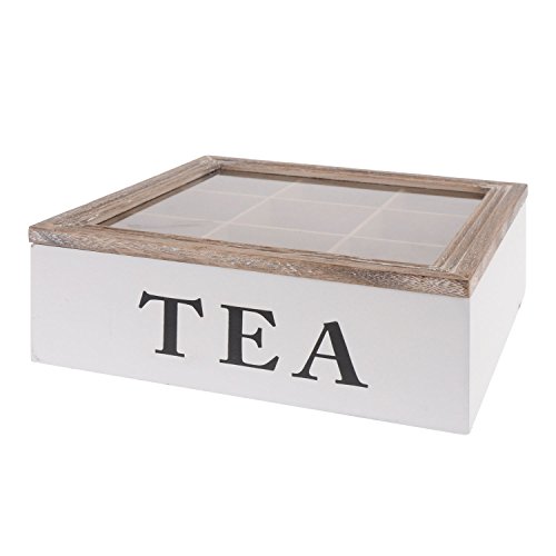 ToCi Teebox Holz Weiß mit 9 Fächern | Quadratische Teekiste Teedose Teebeutel Box Aufbewahrung | 24 x 24 x 8 cm (LxBxH) | "Tea Box" im Vintage Look