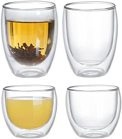 Double Walled Glass 4 Pack - 300ml &amp; 80ml Heat Resistant Glass, Coffee Espresso Glass, Cappuccino Glasses set, Latte Glasses, Borosilicate Glass - Decorative Glassware, Dishwasher and Microwave Safe