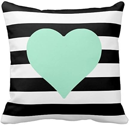 Black and White Striped Mint Heart Throw Pillow Case Personalized 18x18 Inch Square Cotton Decorative Throw Pillow Case Decor Cushion Covers