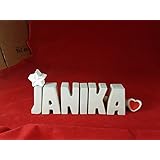 Beton, Steinguss Buchstaben 3 D Deko Namen JANIKA mit Stern und Herzklammer als Geschenk verpackt! Ein ausgefallenes Geschenk zur Geburt, Taufe, Geburtstag oder auch zu anderen Anlässen.