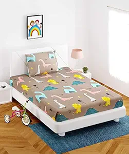 Vitsarvaton Kids Dinosaur Printed Designer Bedsheet for Single Bed (60 x 90 inches) 1 Bedsheet + 1 Pillow Cover,Color Multi