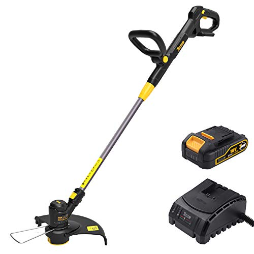 examen TECCPO Coupe Bordures, 18V 2.0Ah Coupe-Bordures sans fil,Diamètre de coupe 300cm, Tête de coupe rotative à 90 °, Fonction de coupe des bords- TDLT02G