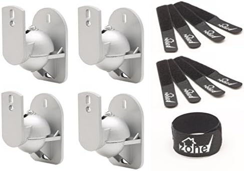 TechZone 4 Pack of Heavy Duty Angle Adjustable Universal Wall Mount Speaker Brackets complete with 8 Velcro Cable Tie Fasteners - Silver