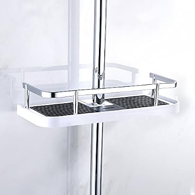Fontic ABS Plastique Réglable Étagère de Douche Télescopique, Organiseur de salle de bain Porte-Savon pour Ranger Shampooing Savon, Montage Sans Perçage pour 19mm-25mm avec one Crochet (bord carré en plastique)