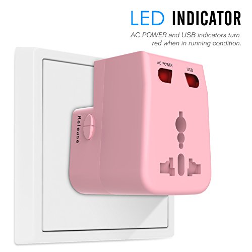 MoKo Universal Reiseadapter – All-in-One US / EU / UK / AU Reisestecker AC Power Wall Charger Konverter Stecker Adapter mit 2 USB Ports 2.1A für Smartphone, iPhone, iPad, MP3 Player, Rosa - 5