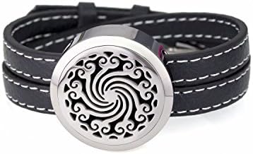 EVERLEAD Carving Round Aromatherapy Essential Oils Diffuser Locket Bracelet 316l Stainless Steel Real Leather Bracelet