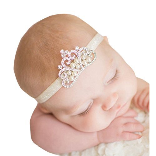 Inspiring Life Crystal Pearl Baby Tiara Headband, Girl, Toddler, Wedding, Photography (White band) (white)
