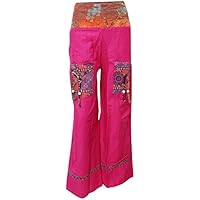 Boho Chic Palazzo Pant Fold Over Waist Baggy Gypsy Hippy Harem Trouser (Pink)