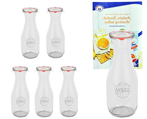6er Set Weck Gläser 1062ml 1 Liter Saftflasche mit 6 Glasdeckeln, 6 Einkochringen und 12 Klammern inkl. Gelierzauber Rezeptheft von Diamantzucker