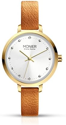 Crystal Icon Gold Tone Women's Watch with Silver Sunray Dial and Brown Leather Strap EML004-02BR
