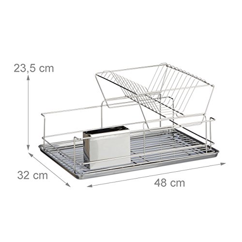 Relaxdays Abtropfgestell, Mit Besteckhalter, Abtropfgitter, Abtropfschale Edelstahl, Robust, HBT: ca. 23,5 x 48 x 32 cm, silber