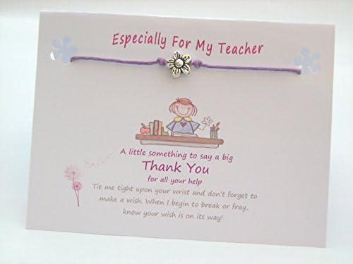TEACHER Thank You Gift Card Wish String Bracelet, Tibetan Charm &amp; Quote Card (Lilac Cord). Ideal Thank You Gift Card &amp; Lovely Little Token Present, Keepsake.