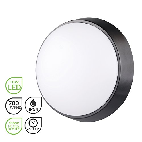 Chestele lampe LED Hublot Rond Plafonnier Applique Éclairage Luminaire, 10W 4000K 700LM IP54, Pour l'Intérieur et l'Extérieur - Noir