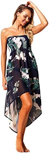 Chendong Fashion Store Strapless Beach Dresses for Women - Summer Sexy Leaf Print Convertible Casual Beach Boho Dress (S, Black)