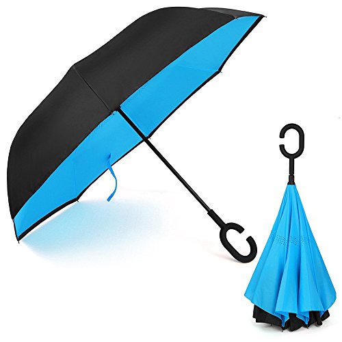 C Forma Manos libres Marcha Atrás Plegable Invertido Paraguas, Dentro Fuera A Prueba De Viento UV Doble Capas Soleado El Paraguas-OYSHOPP (Azul)