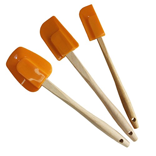 Baker Boutique spatules de cuisson en silicone antiadhésif de Lot de 3 assortis Flexible Ustensiles de Cuisine en Bois avec Handles-orange