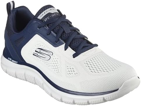Skechers Traccia più Ampia, Sneaker Uomo, Finiture Blu Navy in Maglia di Poliuretano con Ingegnerizzazione Bianco Sporco, 45 EU