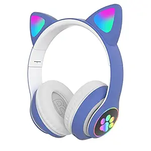 WK LIFE BORN TO LIVE K8 Kids Headphones with Mic for Birthday Gift Girls/Boys Cat Ear Bluetooth, Foldable LED Light Up Headphones Over On Ear for Online Learning School (Blue)