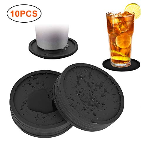 Black Coasters Set of 10 Cup Pad Mat Round Silicone Rubber Mug Coaster Non Slip for Drink Coffee Beer Mug Wine Glass Bottle Home and Bar