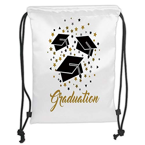 Drawstring Backpacks Bags,Graduation Decor,Academy Achievement Bachelor Theme Thrown Caps Tassels Vibrant Stars,Gold Black Grey Soft Satin,5 Liter Capacity,Adjustable String Closur