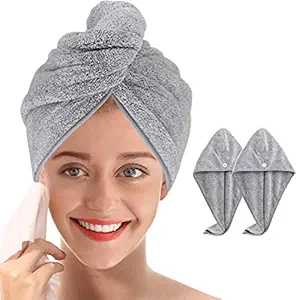 Growth Alley Cotton Hair Drying Towels | Ultra Absorbent Hair Turban | Drying Cap Hair Wrap (Pack of 2) (Grey)