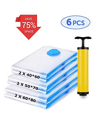 aerialjump Bolsa para Vacio de Ropa, Bolsa Ropa al Vacio Ahorro de Espacio para Guardar Ropa, Ropa de Cama, Edredones, Almohadas, Mantas, Cortinas, Tejidos, Sábanas[6 Piezas Bomba de Mano Incluida]