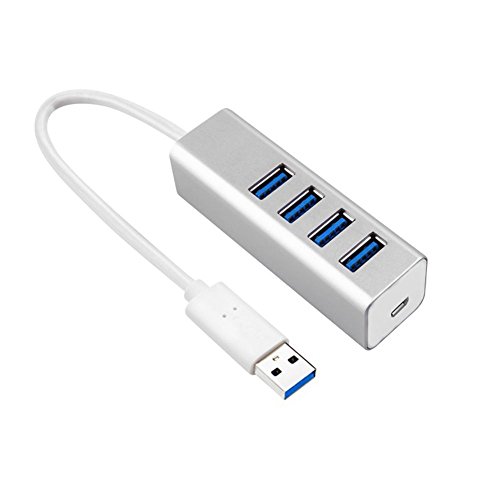 COTOP Aluminium 4 Port kompakte portable Hochgeschwindigkeits-USB 3.0 Daten Hub Stromversorgung Adapter für Desktop-Laptop PC Smart TV Type-C mit eingebautem 11 Zoll USB 3.0 Kabel - Silber