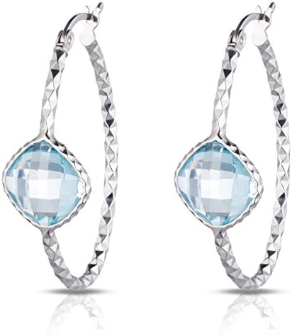 Sterling Silver Checkerboard Diamond Cut Oval hoop earrings with Genuine Semi-precious blue-topaz Stone