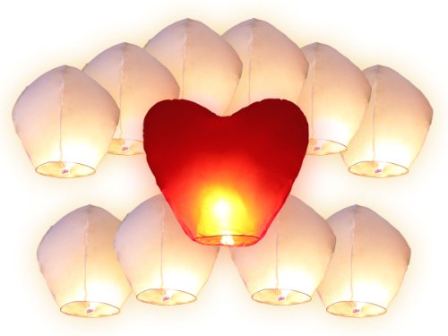 Trendmaus.de Sky Lanterna Cinese Volante del Cielo 11 PZ Matrimonio Festa Nozze, Bianco (Cuore Rosso)