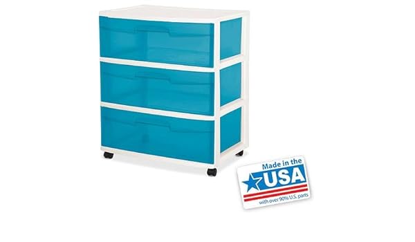Sterilite 3 Drawer Plastic Storage Wide Cart Ocean Blue These