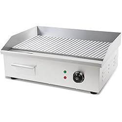 Vertes 3000W Plancha électrique professionnelle, rainurée (100 Rainures, Température jusqu'à 300 °C, Collecteur de graisse, Surface en fonte de 55 x 35 cm, Pieds en caoutchouc antidérapants)
